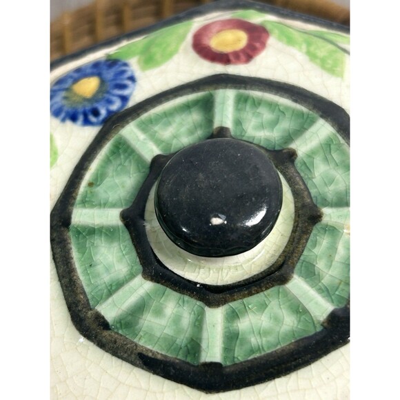 Vintage Porcelain Jar W/ Lid & Wicker Rattan Handle Floral Tea Caddy - Picture 7 of 13